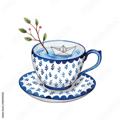 A white porcelain mug of hot black tea on a saucer with blue flowers, isolated on a white plate for a morning breakfast beverage