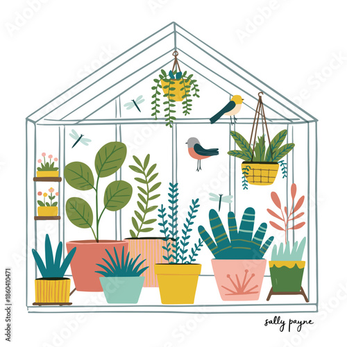 A vibrant cartoon illustration of a garden flowerpot and green house plants in a floral design vase, featuring spring blossom growth and summer leaves for home decoration
