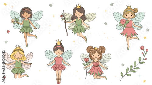 A charming collection of six cute fairies with delicate wings and crowns, wearing green and pink dresses, surrounded by little flowers and sparkles.