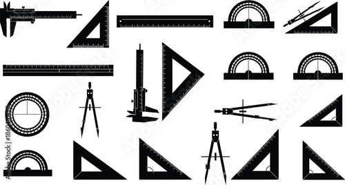 Technical drawing tools silhouette collection vector illustration featuring rulers compasses protractors calipers and geometric instruments isolated on white background