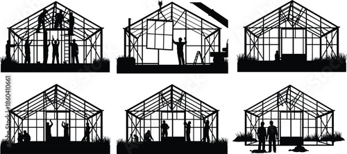 House construction process silhouette collection vector illustration showing workers assembling residential building frames isolated on white background for architecture concepts