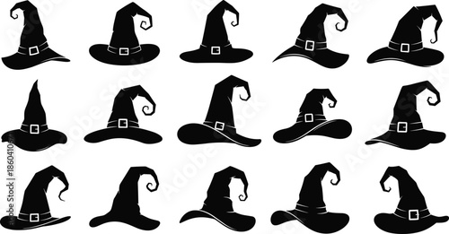 Witch hat silhouette collection vector illustration featuring Halloween magic costume accessories isolated on white background for spooky seasonal design projects