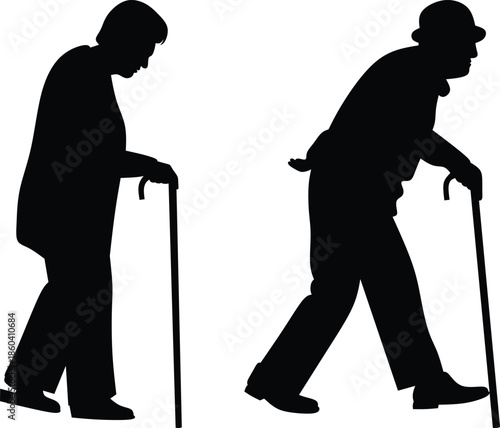 Elderly Person Walking with a Cane Silhouette Collection