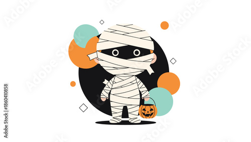 Cute cartoon character dressed in a mummy costume for Halloween, holding a jack-o-lantern candy bucket, with a modern abstract background.
