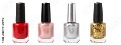 Four nail polish bottles, each with a black cap, in red, pink, silver, and gold glitter shades, lined up.