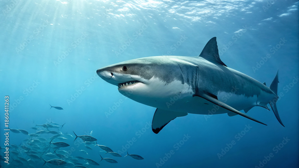 Fototapeta premium Shark swims in clear blue water with small fish nearby during a bright day in the ocean