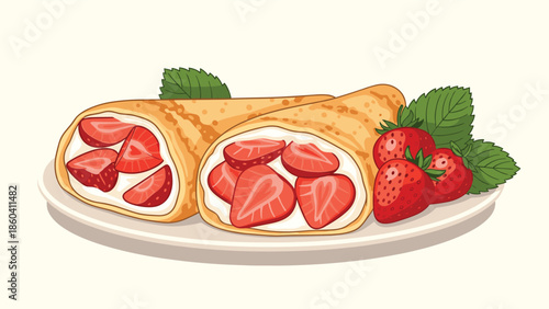 Two delicious crepes filled with cream cheese and fresh sliced strawberries, served on a plate with whole berries and mint leaves on the side.