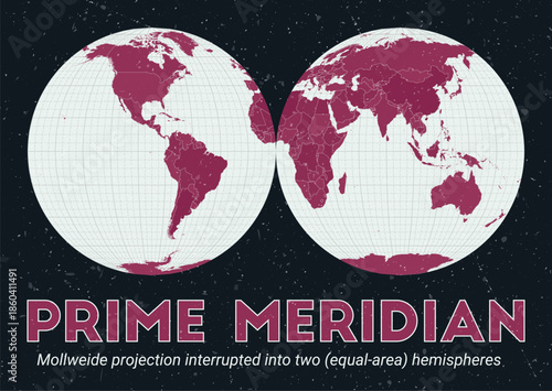 Prime Meridian. World map. Mollweide projection interrupted into two (equal-area) hemispheres centered to Prime Meridian. Pale Mint Dark Pink palette. Vintage texture. Stylish vector illustration.