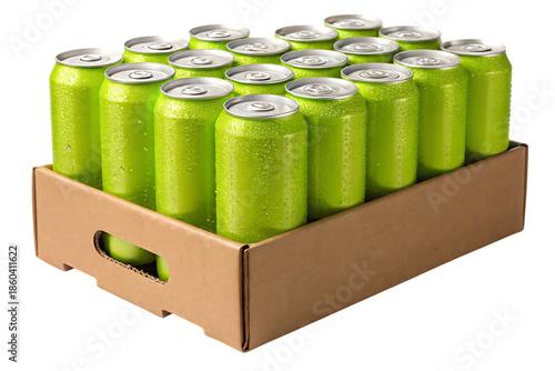Lime green soda cans, in cardboard case, cutout, PNG isolated on white or transparent background