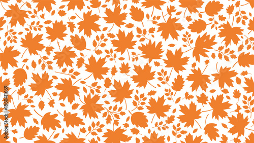 A seamless pattern of orange autumn leaves, including maple and oak silhouettes, scattered across a clean white background for a festive fall design.