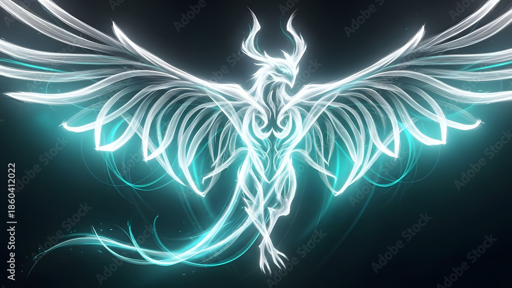 Obraz premium Glowing Phoenix Rising with Outstretched Wings in Dark Background