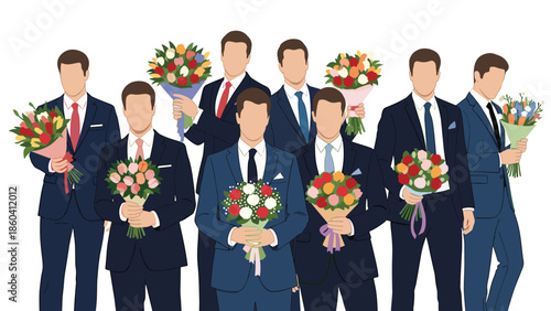A group of nine faceless men dressed in formal dark blue suits and ties, each holding a beautiful and colorful bouquet of various flowers.