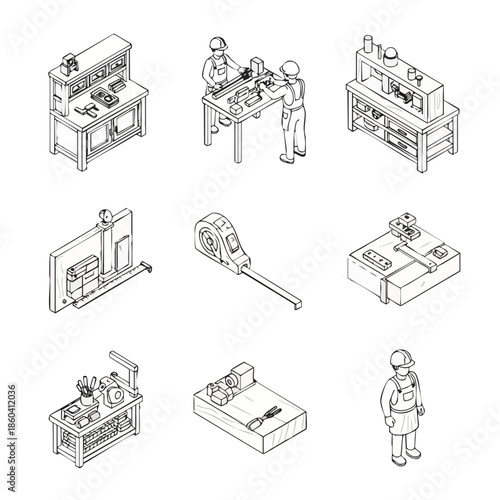 Isometric Line Art Illustrations of Workshop Tools, Equipment, and Workers on a White Background for Industrial Concepts.