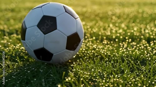 A close-up shot of a soccer ball resting on the fresh green grass of a field, ready for the game