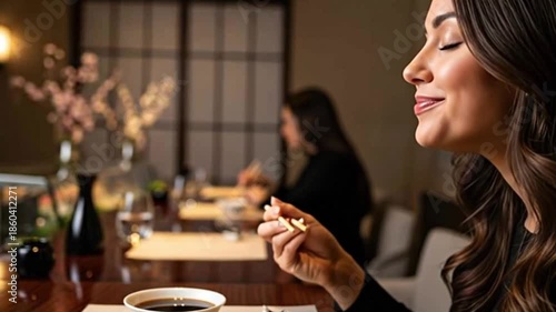 A woman savoring a sushi meal in a restaurant setting. The scene captures the pleasure of enjoying Japanese cuisine. The other woman enjoy meal behind the woman