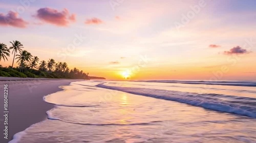A scenic view of a beach at sunset, with gentle waves and palm trees silhouetted against a colorful sky. The sun is setting over the ocean, casting a warm glow