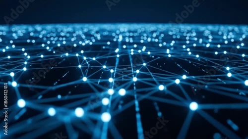 Abstract digital network representing connectivity and data flow, with glowing nodes and lines against a dark background.