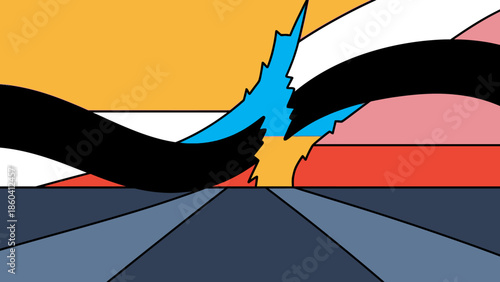 Vibrant abstract illustration of dynamic shapes and colors with contrasting elements