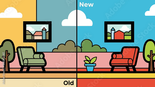 Illustration comparing old and new living room scenes with different colored armchairs and distinct wall art in a split-view style