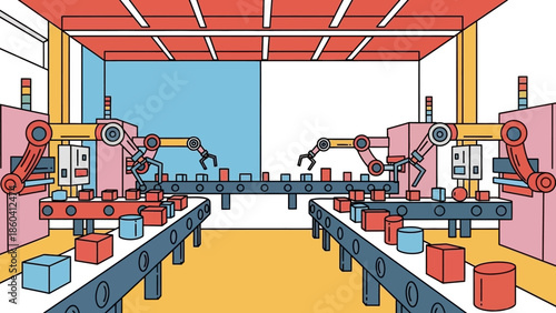 Industrial robots operating on assembly lines in a modern factory setting with automated machinery