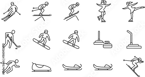 Set of Winter Sports Icons Featuring Skiing, Snowboarding, Ice Skating, Bobsled, Curling, and Hockey Illustrations