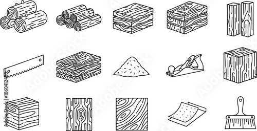 Set of Woodworking Tools and Materials Illustrations, Including Logs, Planks, Saw, Plane, Sandpaper, and Paintbrush