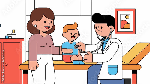 Doctor administering vaccine to a young boy with his mother watching in a medical clinic