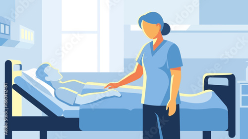 Nurse attending to patient Page in a hospital room with medical equipment around