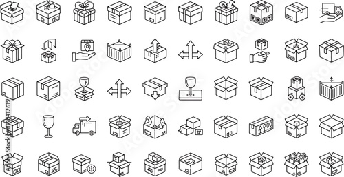 Set of various package and box icons representing shipping, delivery, and logistics services, including gift boxes.