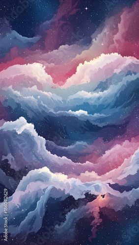 Vibrant cosmic clouds in starry night sky with pink and blue hues