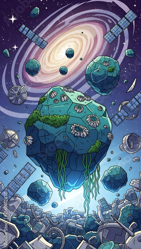 Vibrant alien planet with lush flora and satellites in space