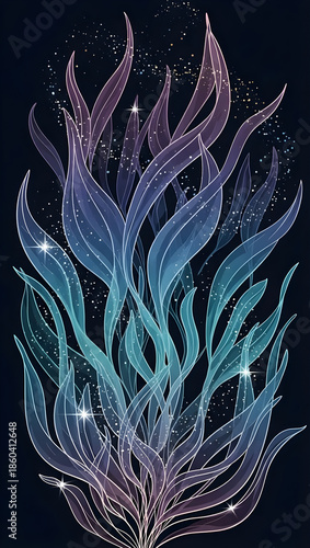 Vibrant purple and blue seaweed illustration with sparkling stars