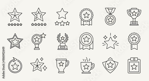 Set of star icons and awards in outline style a collection of modern rating symbols like trophies medals and stars
