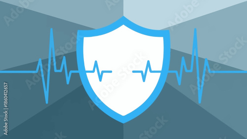 A shield with a heartbeat monitor line in a digital illustration style representing security and health in a modern flat design