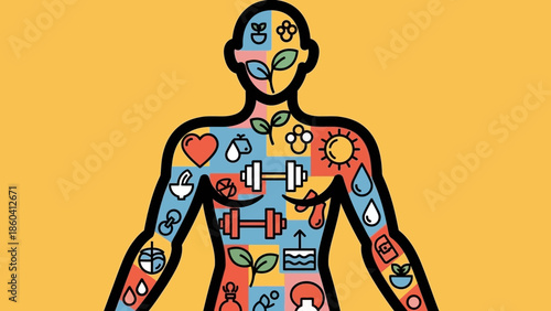A person illustration highlighting various health and wellness icons on a vibrant background