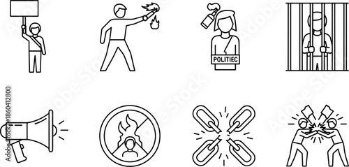 Set of protest and social issues icons, including a protester with a sign, a Molotov cocktail, jail bars, a megaphone, and a broken chain