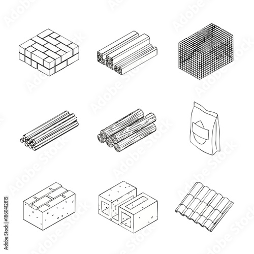 Set of isometric line drawings depicting construction materials: bricks, lumber, logs, mesh, concrete blocks, and roofing tiles