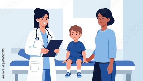 Doctor consulting with mother and child in a medical examination room