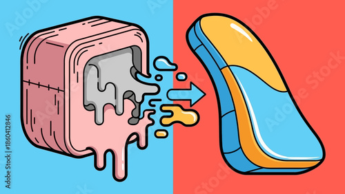 Melting ice cube transforms into a vibrant blue and yellow shoe illustration