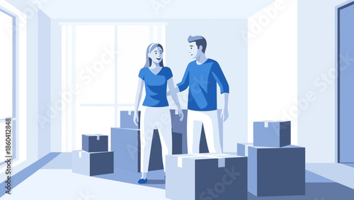 Couple standing amidst cardboard boxes in a bright and empty room interior