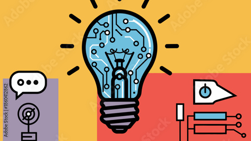 Innovative ideas emerging from a light bulb against a vibrant background with various technology icons