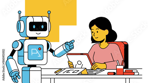 A robot assisting a woman working on a laptop at a desk in a modern office environment from a slight overhead viewpoint