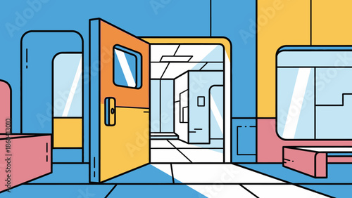 An open door reveals a bright hallway in a modern building interior with vibrant colors and sleek lines viewed from a room.