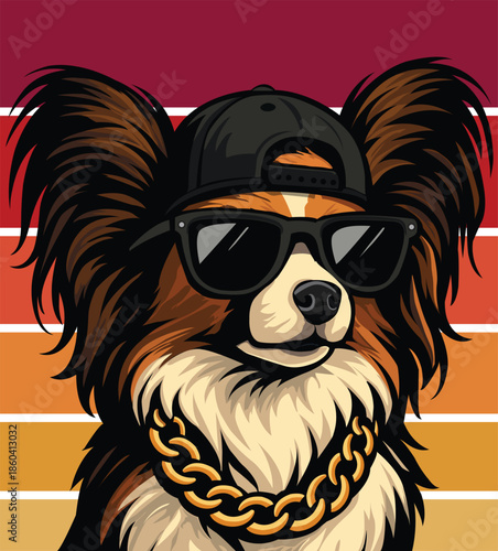 Cool Papillon Dog Vector Mascot in Sunglasses and Gold Chain character with attitude