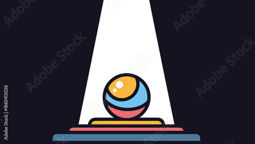 A spotlight shines down on a colorful orb sitting on layered platforms against a dark background