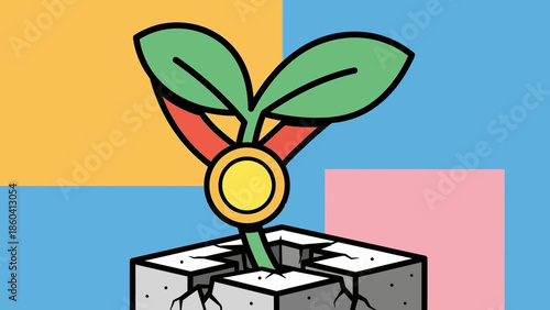 A vibrant plant growing out of cracked concrete against colorful background