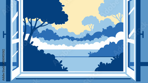 Open window revealing serene landscape with trees, lake, and clouds at dusk