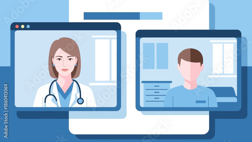 Virtual consultation between doctor and patient displayed on computer screens in a clinical setting