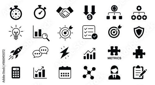 A comprehensive business and productivity icon set featuring time management tools, financial analysis symbols, strategic planning visuals, 