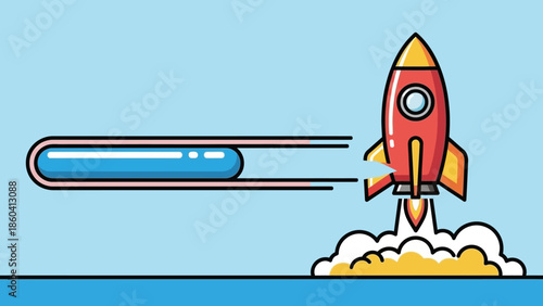 Red rocket launching from cloudy surface into clear blue sky
